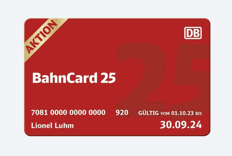 Deutsche Bahn - BahnCard 25 (2.Kl.) 33€ / Bahncard 25 (1.Kl.) 66€ - Aktionszeitraum 01. - 31.Oktober - auch BahnCard Business