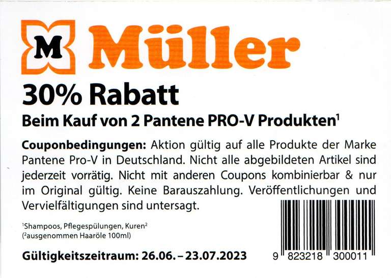 [Müller] 30% Rabatt für den Kauf von 2 Pantene Pro-V Shampoos, Pflegespülungen oder Kuren bis 23.07.2023