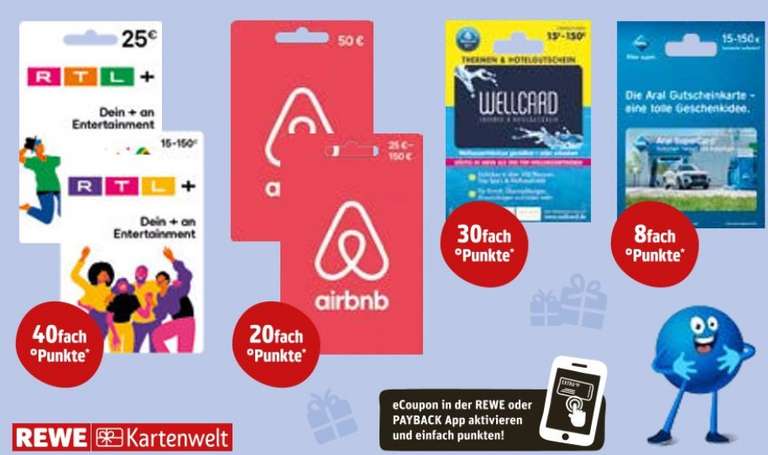 Geschenkkarten Wellcard 8-fach 40-fach AirBnB, Aral, auf Punkte auf Payback auf Rewe | (personalisiert) RTL+, mydealz | 30-fach 20-fach | auf