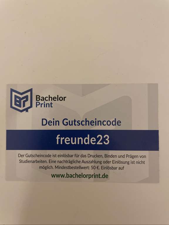 [BachelorPrint] 2023 5€ Gutschein für das Drucken von Abschlussarbeiten (MBW 50€)