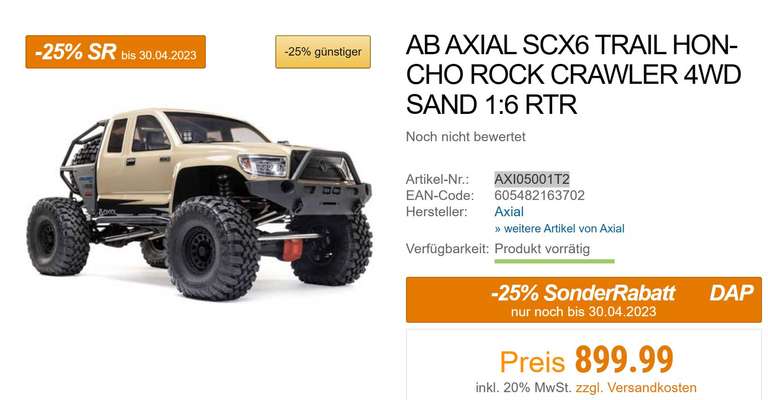 Axial SCX6 Trail Honcho 1/6 RtR zum Top-Preis bei D-M-T noch bis Sonntag! - Crawler, RC-Auto