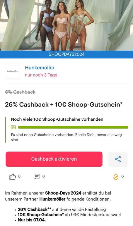 [Shoop] Hunkemöller 26% Cashback + 10€ Shoop Gutschein
