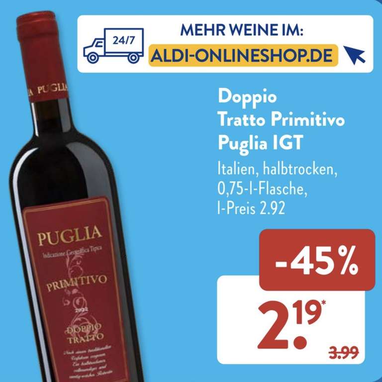 [ALDI Süd] Doppio Tratto Primitivo Puglia IGT 2,19€/Flasche