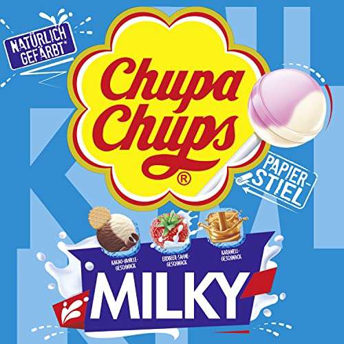 Chupa Chups Milky in 3 cremigen Geschmacksrichtungen Karamell, Erdbeer-Sahne & Kakao-Vanille, 100 x 12g (10,83€ möglich) (Prime Spar-Abo)