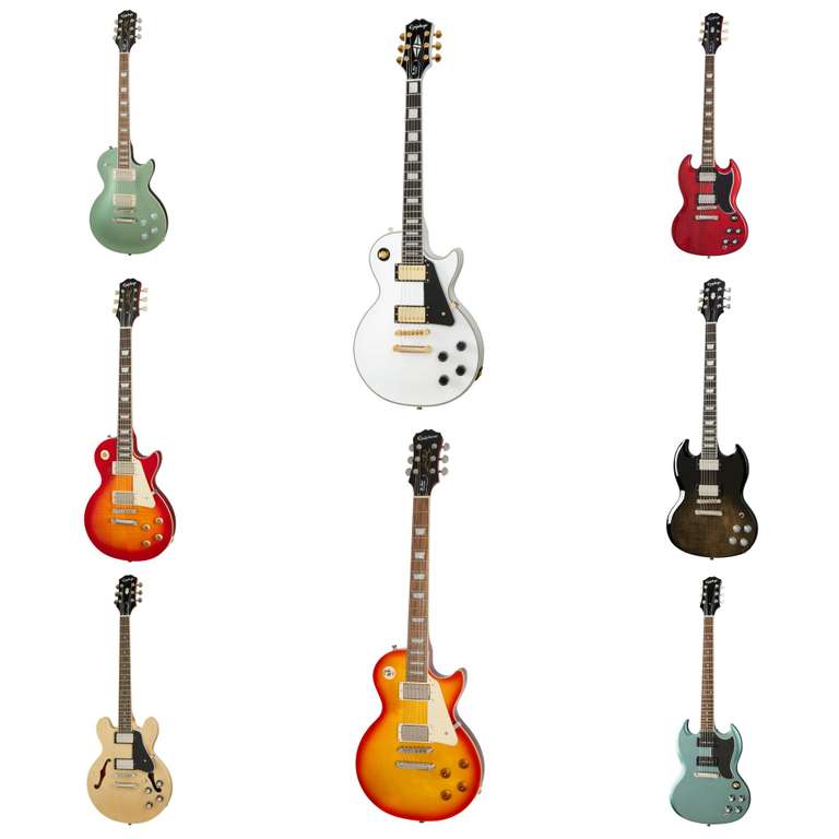 Epiphone E-Gitarren Sammeldeal (8), z.B. Epiphone Les Paul Custom E-Gitarre, Inspired by Gibson, Farbe Alpine White für 619€