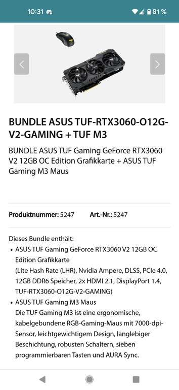ASUS TUF Gaming GeForce RTX 3060 V2 OC (LHR)