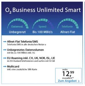 [Business/Neu-&Bestandskunden] 11,99€/Monat O2 Unlimited (100MBit/S; 5G) mit Allnetflat und Roaming