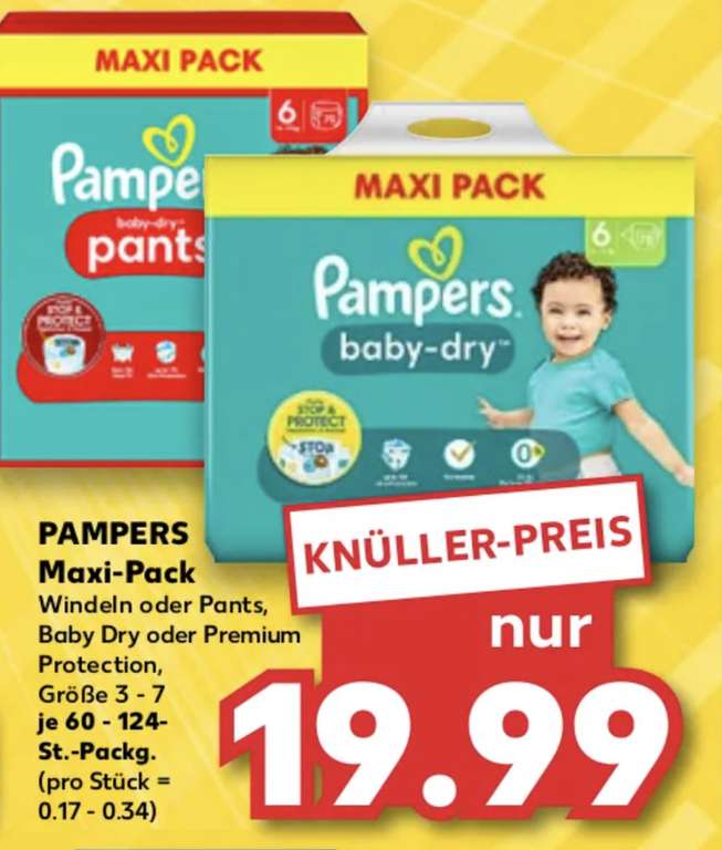 [Kaufland] Pampers Windeln oder Pants Maxi Pack Gr. 3-7 19,99€