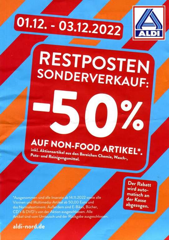 [Aldi Nord] 50% Rabatt auf Non-Food Artikel vom 1.12.-3.12.22 - Teile Mecklenburg-Vorpommerns - Region Rostock, VR, VG, MST Sonderverkauf