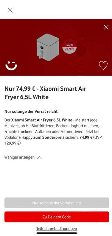 [Happy App von Vodafone] Xiaomi Smart Air Fryer 6,5L Weiß