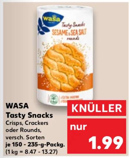 [Kaufland] Wasa Tasty Snacks: Crisps, Crackers oder Rounds versch. Sorten 150-235 g für 1,29 € (Angebot + Coupon) - bundesweit