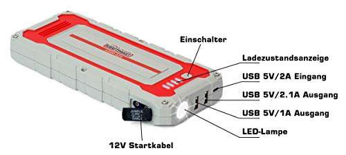 Dino KRAFTPAKET 12V-1500A Starthilfegerät, LED-Lampe, 2 USB-Ausgänge, Tasche (Hardcase) (3-in-1 Kabel, Micro-USB-, Lightning- & USB-C)