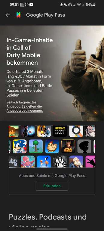 [Personalisiert] Google Play Pass | Neukunden | 30 Euro In-App-Käufe für 4,99 Euro pro Monat (für z.B. Clash of Clans, Call of Duty)