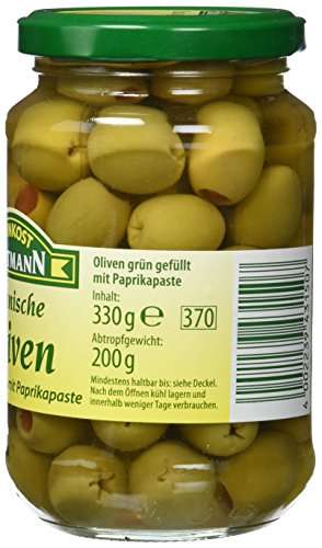 AmazonSparabo Feinkost Dittmann Oliven grün gefüllt mit Paprikapaste (1 x 330 g) P