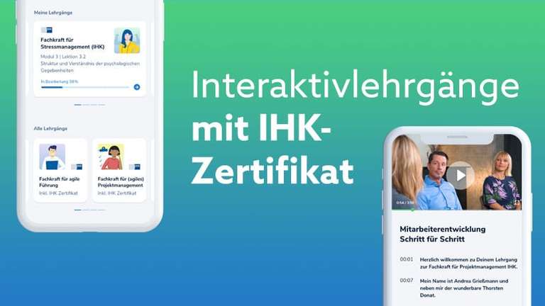 Weiterbildung mit IHK-Zertfikat komplett online, z.B. Agiles Projektmanagement (IHK) oder Betriebliches Gesundheitsmanagment (IHK)