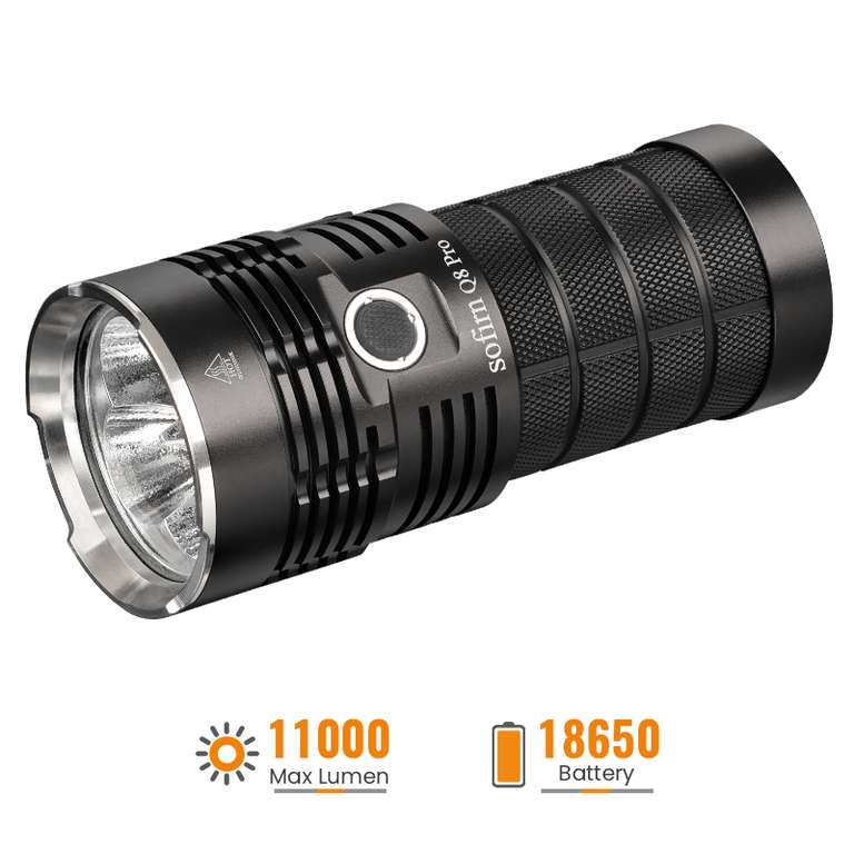 Sofirn Q8 Pro 6500k oder 5000k mit 4 Akkus (18650), 30% Gutschein, LED Taschenlampe