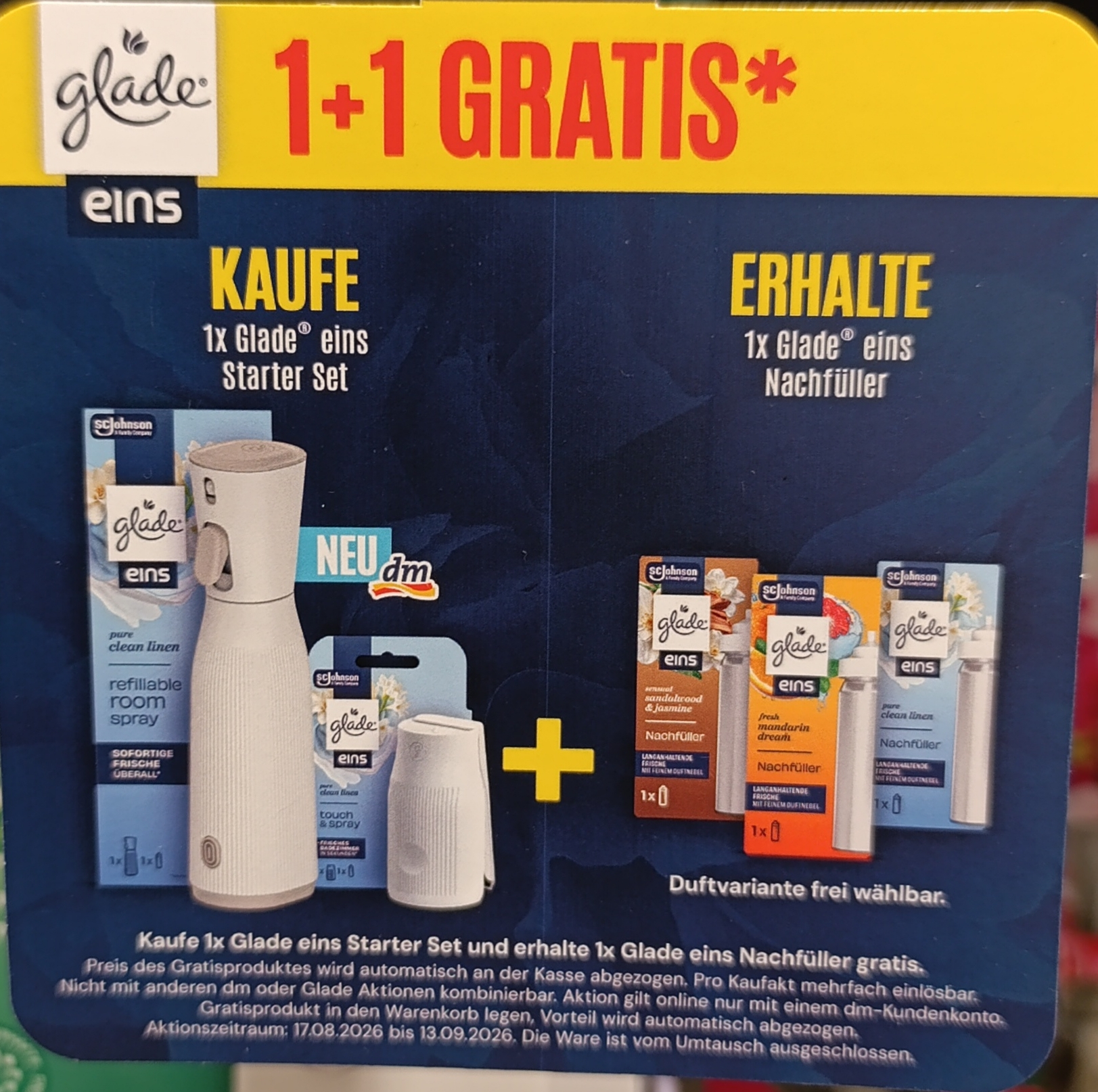 DM: KAUFE 1x Glade eins Starter Set für 3,25 Euro, ERHALTE 1x Glade eins Nachfüller im Wert von 2,95 Euro