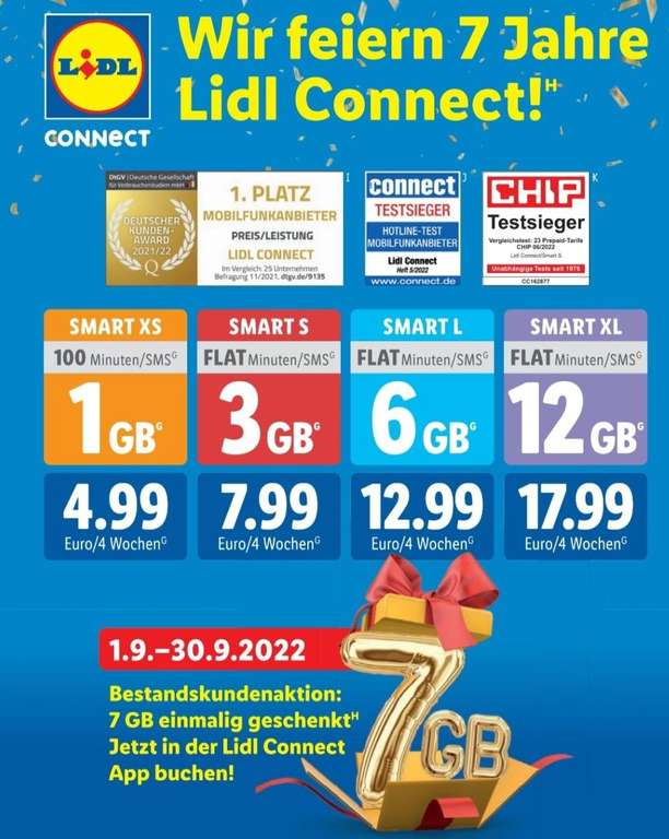 [1.-30.9.] 7GB Datenvolumen gratis für Lidl-Connect Bestandskunden mit Smart-Tarif