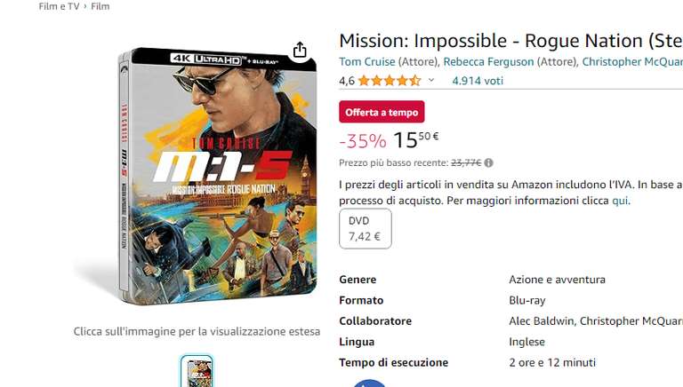 [Amazon.it] Mission Impossible - Rogue Nation - 4K Steelbook + Bluray - deutscher Ton