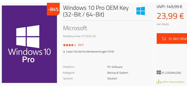 [mysoftware.de] MS Windows 10 PRO Key (Retail!) für 23,99€, Update auf Win11 möglich