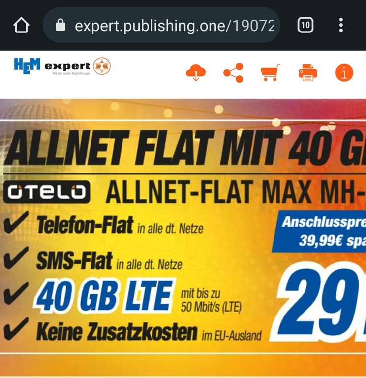 Expert - Otelo Allnet Flat Max VF Netz (40GB) für eff. 9,99€ monatlich (lokal)