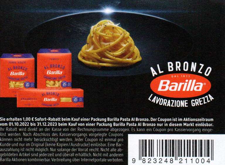 1,00€ Rabatt Coupon für den Kauf einer Packung Barilla Al Bronzo 400g bis 31.12.2023