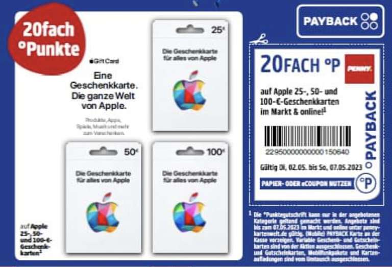 [Payback] 20fach Punkte auf Apple Gift Guthabenkarten bei Penny oder online | gültig vom 02.05.2023 - 07.05.2023