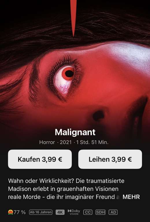 Malignant 4K/Dolby Vision Apple TV/iTunes