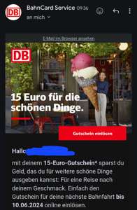 Deutsche Bahn] 15€ Gutscheine per Newsletter/Bahncard-Service - MBW 45€ 10€/39€ MBW bis 10.06.24 (personalisiert)