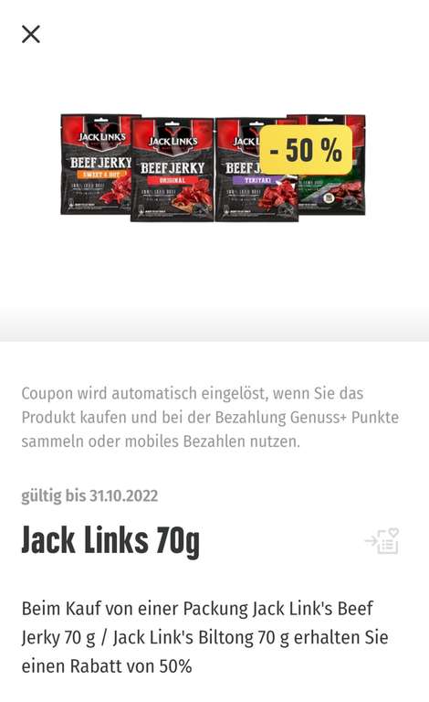 [Edeka Genuss+ App] Jack Links Beef Jerky 70g 50% Coupon