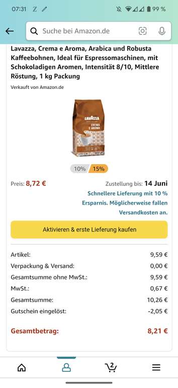 [Prime + Amazon Spar-Abo + 5% Coupon] Lavazza, Crema e Aroma, Arabica und Robusta Kaffeebohnen 1kg ab 8,21€