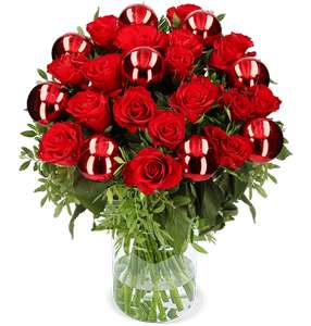 Blumenstrauß “Christmas Red” bei Blume Ideal für 19,99€ + 5,99€ Versand | 17 Rosen | 4 Pistacia | leuchtend rote Christbaumkugeln