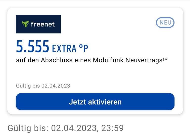 Freenet 5.555 Extra °P auf den Abschluss eines Mobilfunk Neuvertrags bis 02.04