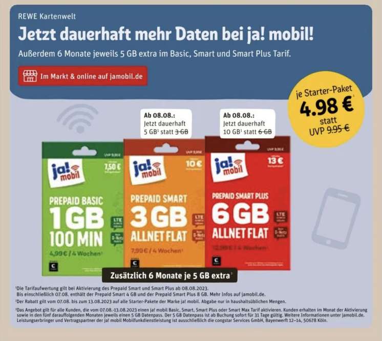 [online&Rewe Filialen] 50% auf Ja! mobil Starter-Paket (Prepaid) inkl. Startguthaben plus mehr Datenvolumen