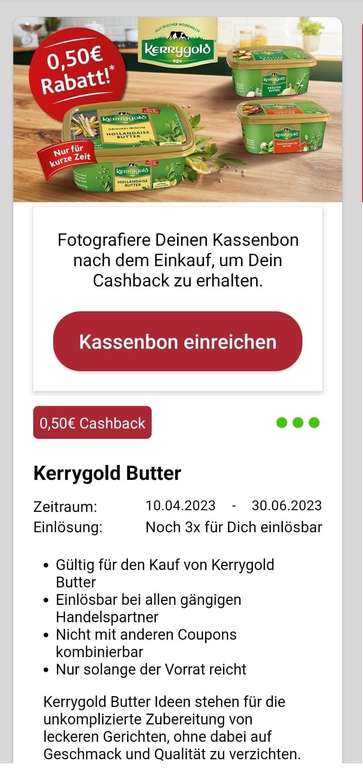 [Scondoo] 50 Cent Coupon für Kerrygold Butter - Stückpreis bei Kaufland somit 0.99€ pro 250g | 3x einlösbar