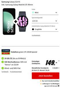 Vodafone Netz: Samsung Galaxy S23 FE & Galaxy Watch6 LTE im Allnet/SMS Flat 20GB LTE für 19,99€/Monat, 149€ Zuzahlung, 50€ Wechselbonus