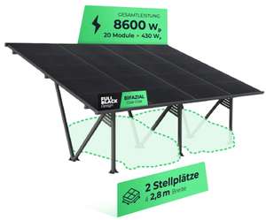 Photovoltaik Doppel Carport 8,6 kWp - inkl. 20x Glas/Glas, Bifaziale, Full Black 430 Wp Module und Regenrinne