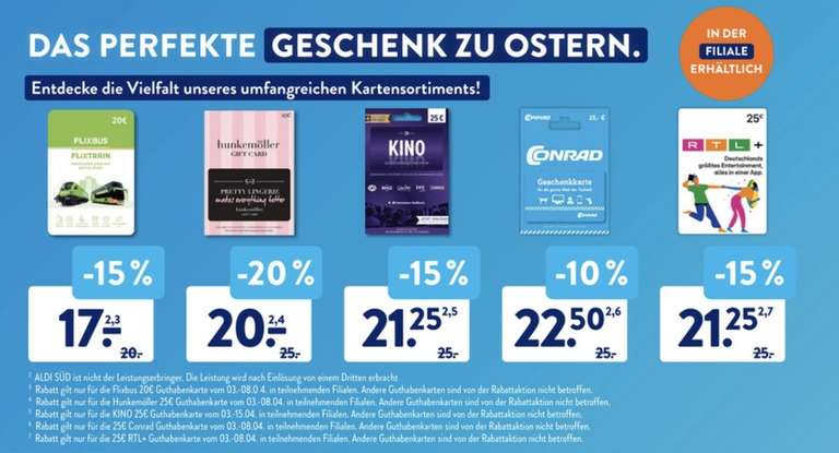 Gutscheine bei Aldi Süd im Angebot z.B.: 15% auf Flixbus • 20% auf Hunkemöller • 15% auf Kino • 10% auf Conrad Elektronik • 15% auf RTL+