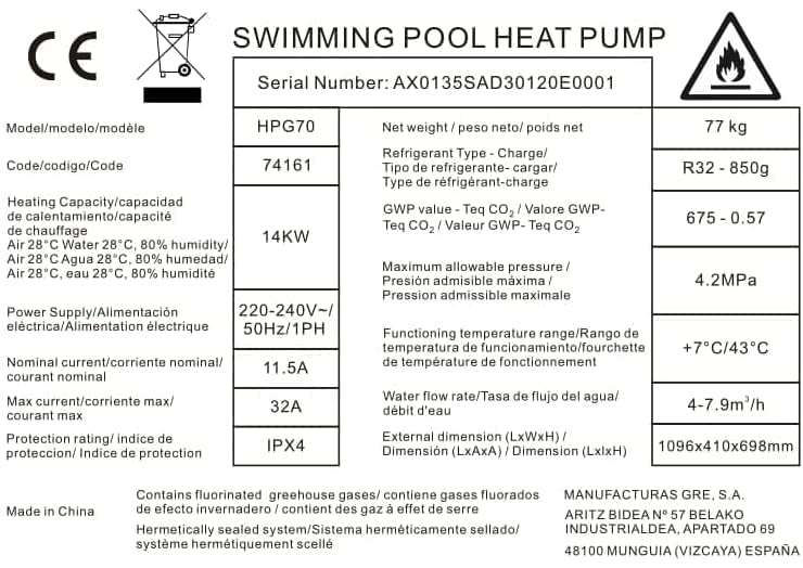 Gre HPG40 – Easy Pool Wärmepumpe für Pools bis zu 40 m2 Wasservolum, Grau