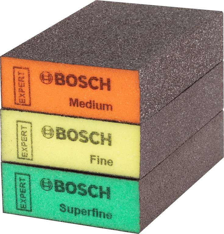 Bosch 3x Expert S471 Standard Blöcke (Schleifschwamm für Weichholz, Farbe auf Holz, 69 x 97 x 26 mm, Mittel / Fein / Superfein) Prime