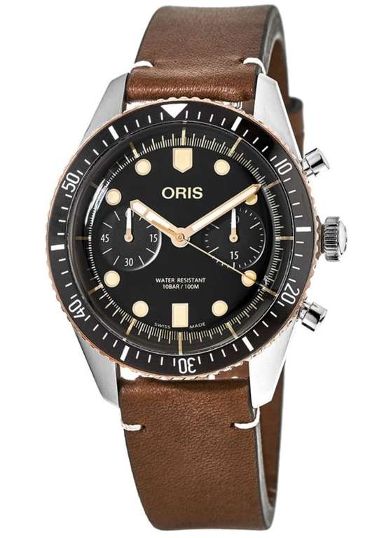 Oris Divers Sixty-Five Chronograph / Automatikuhr (43mm, Kaliber SW510, 48h Gangreserve, Saphirglas, Edelstahlgehäuse, Lederarmband, 10bar)