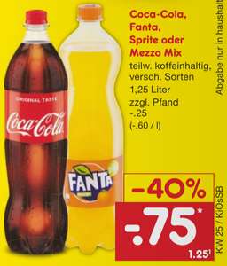 [NETTO] Coca-Cola/ Fanta/ Sprite/ Mezzo-Mix (1,25 L Flasche, zzgl. 0,25 € Pfand)