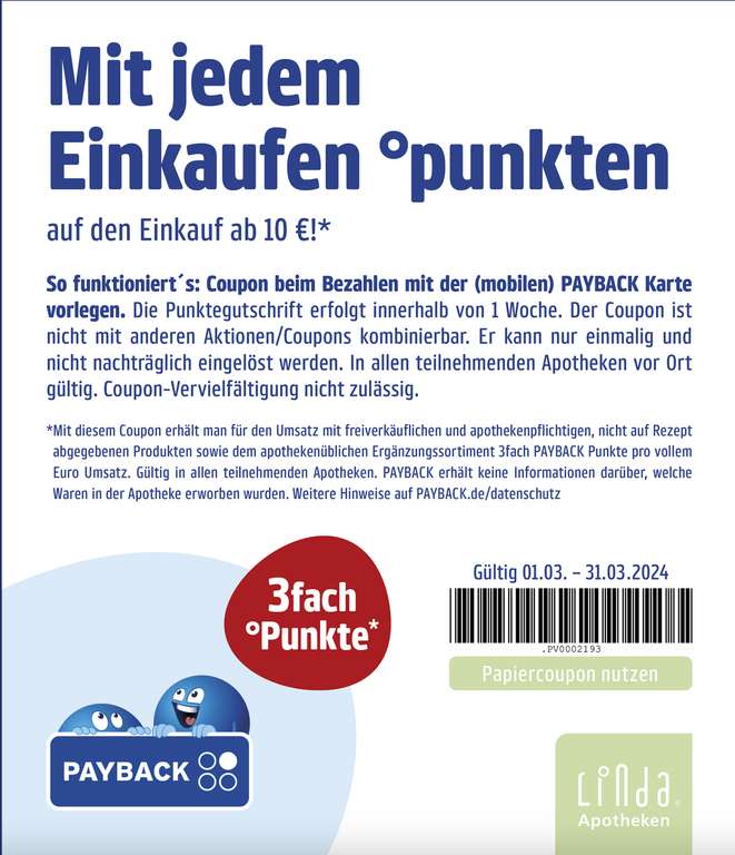 [LINDA Apotheke, Offline] 250 extra Payback Punkte & 3-fach Punkte (für März, ab 10€) & 15% auf ein Produkt bis 13.4.