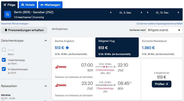 Flüge: ab Berlin (BER) nach Sansibar (ZNZ), Tansania mit Swiss (LX) und Edelweiss Air (WK), Nov.-Dez. '23