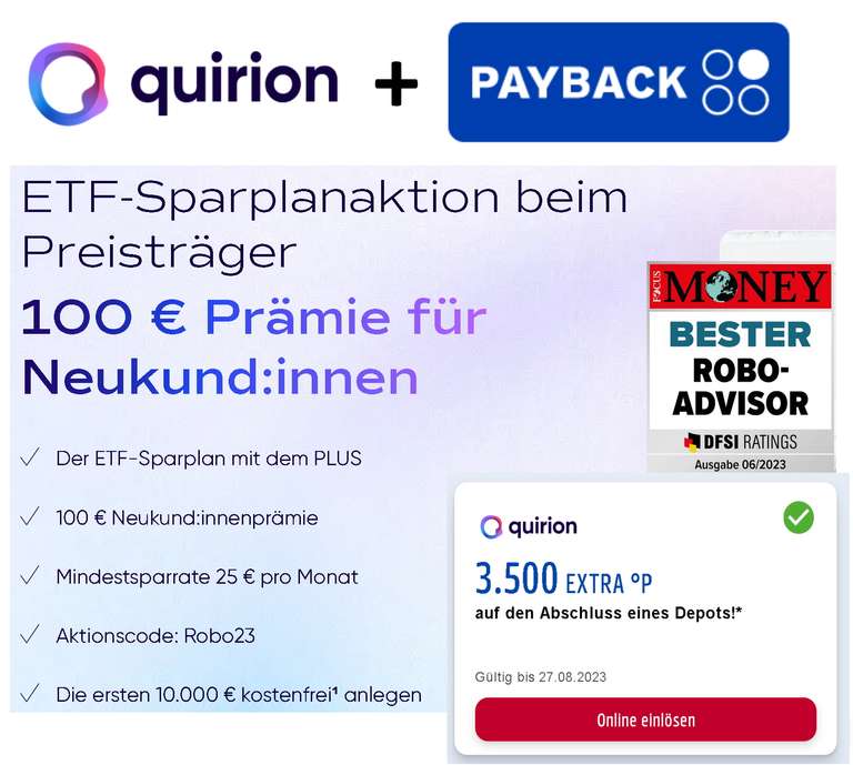 [quirion + Payback] Bis 4.000 °P (40€) auf Abschluss eines Depots + 100€ Prämie für Sparplan, Neukunden; personalisiert