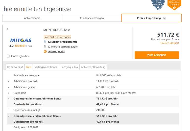 Verivox - MitGas - Gasvertrag - Wuppertal - 12M - 6000kWh - effektiv 7,09cent kWh + 86,32€/Jahr