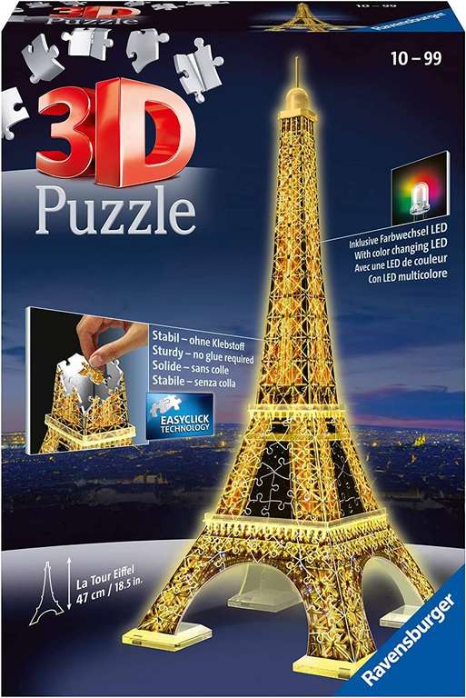 Ravensburger 3D Puzzle 12579 - Eiffelturm in Paris bei Nacht, 226 Teile, ab 10, leuchtet im Dunkeln [Prime]