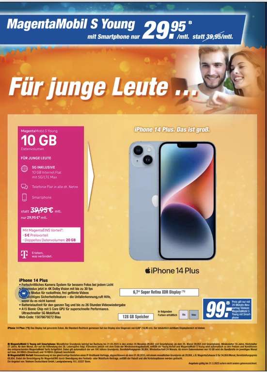 Lokal, Telekom Netz Young magentaMobil S Young 10 GB + iPhone 14 Plus / U28