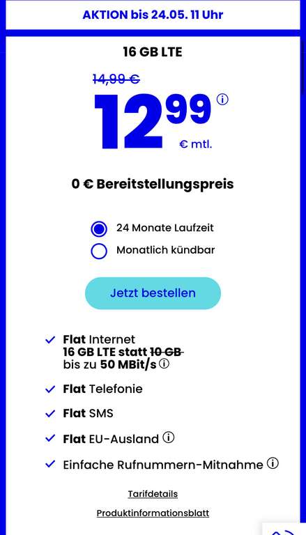 16GB LTE mit Allnet & SMS Flat für 12,99€ im o2 Netz / Monatlich Kündbar (Drillisch)