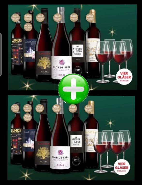 12 Flaschen Rotwein + 8 Weingläser mit 10 € Gutschein